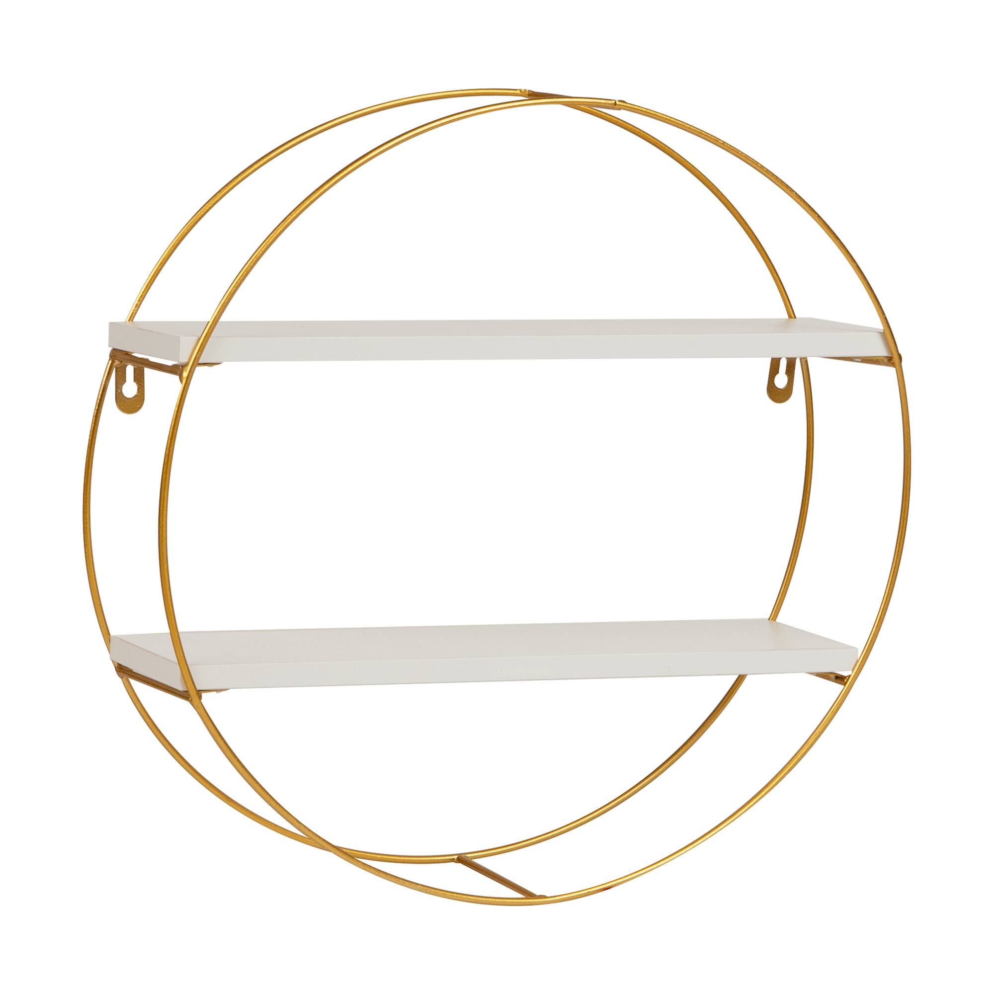 Mind Reader Floating Round Wall Shelves, Gold Metal Frame with Dual White Display Shelves, White